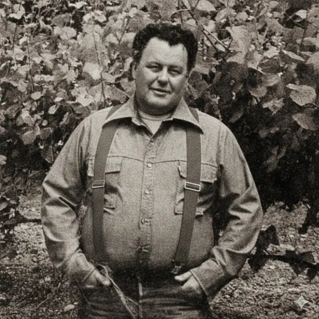 A man wearing a button-up shirt and suspenders stands outdoors in front of leafy plants, with his hands in his pockets. The image is in black and white.