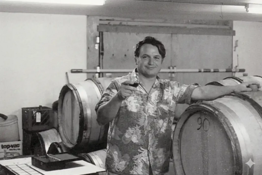 A man in a floral shirt stands in a winery cellar, holding a glass of wine and leaning on a barrel.