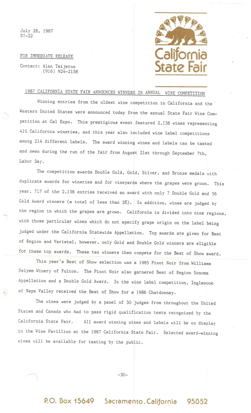 Press release from the California State Fair announcing 1987 wine competition winners, featuring letterhead, official seal, and details about the competition and awarded wineries.