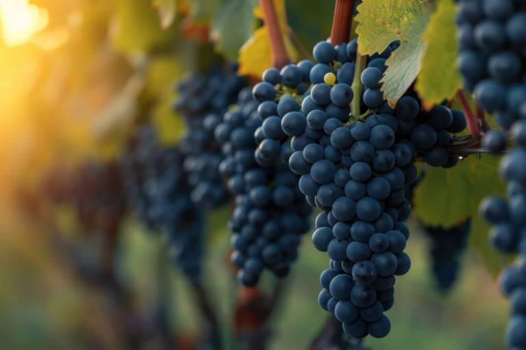 Close-up of dark purple grape clusters hanging from vines with green leaves, illuminated by sunlight in a vineyard.