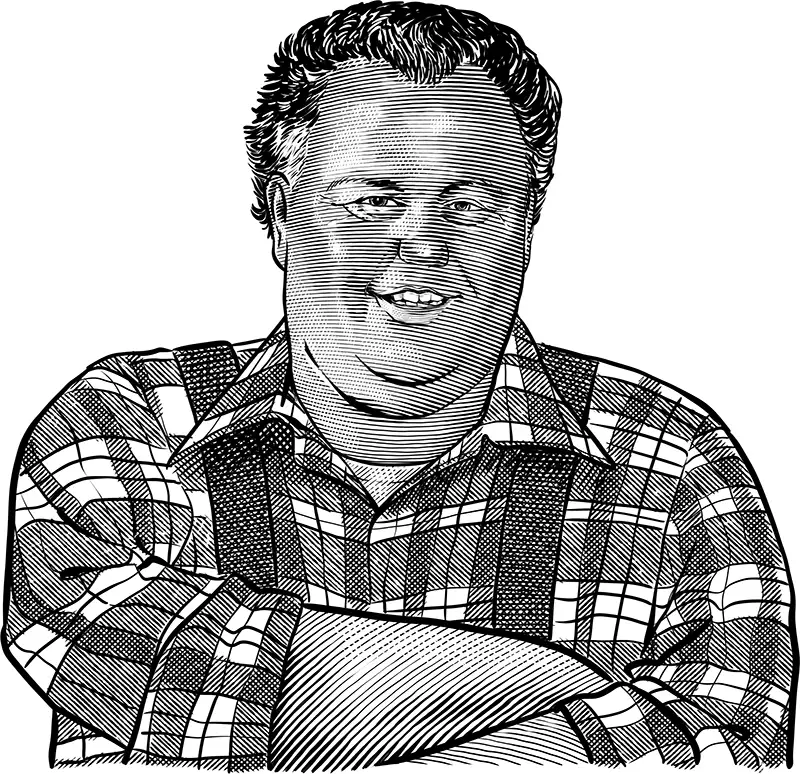 Black and white line drawing of a smiling man with curly hair, wearing a plaid shirt and crossing his arms.