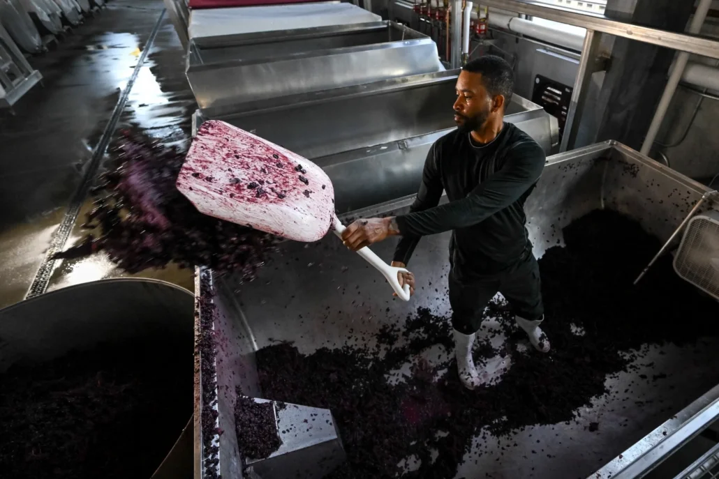 A worker uses a large white shovel to move grape pomace inside an industrial winery facility.