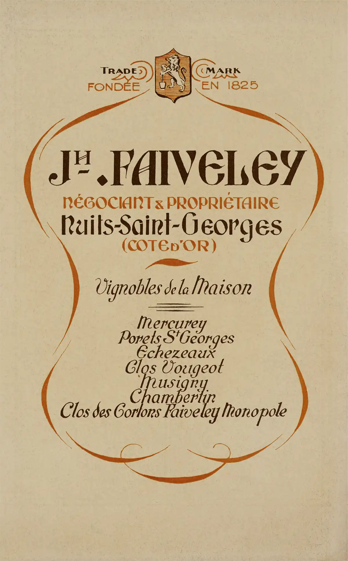 Vintage wine label for JH. Faiveley, listing vineyards including Nuits-Saint-Georges, Mercurey, and Chambertin, with decorative text and emblem.