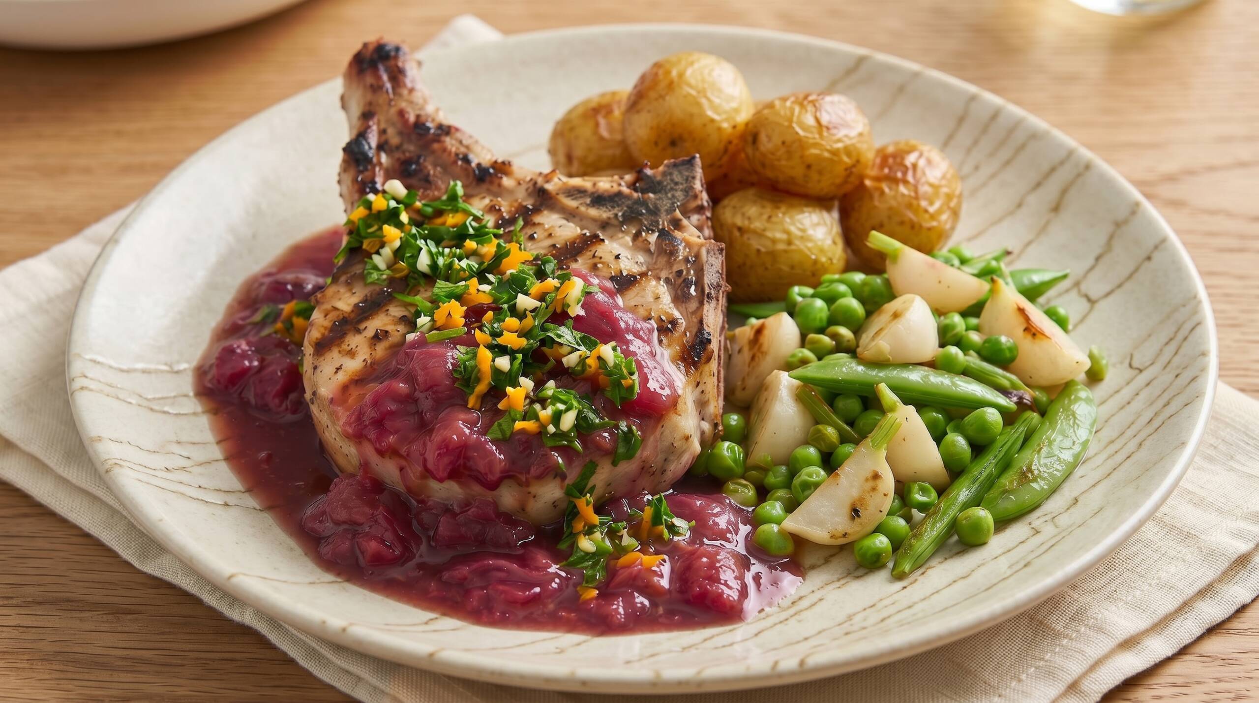 A grilled pork chop with red sauce, garnished with chopped herbs, served with roasted potatoes and a mix of green beans, peas, and turnips on a ceramic plate.