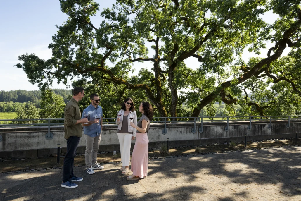 Four people stand outside on a paved terrace, talking and holding drinks, with large leafy trees and a scenic landscape in the background.