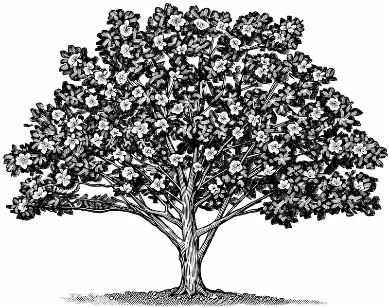 Black and white illustration of a large flowering tree with dense foliage and many blossoms, viewed from the front.