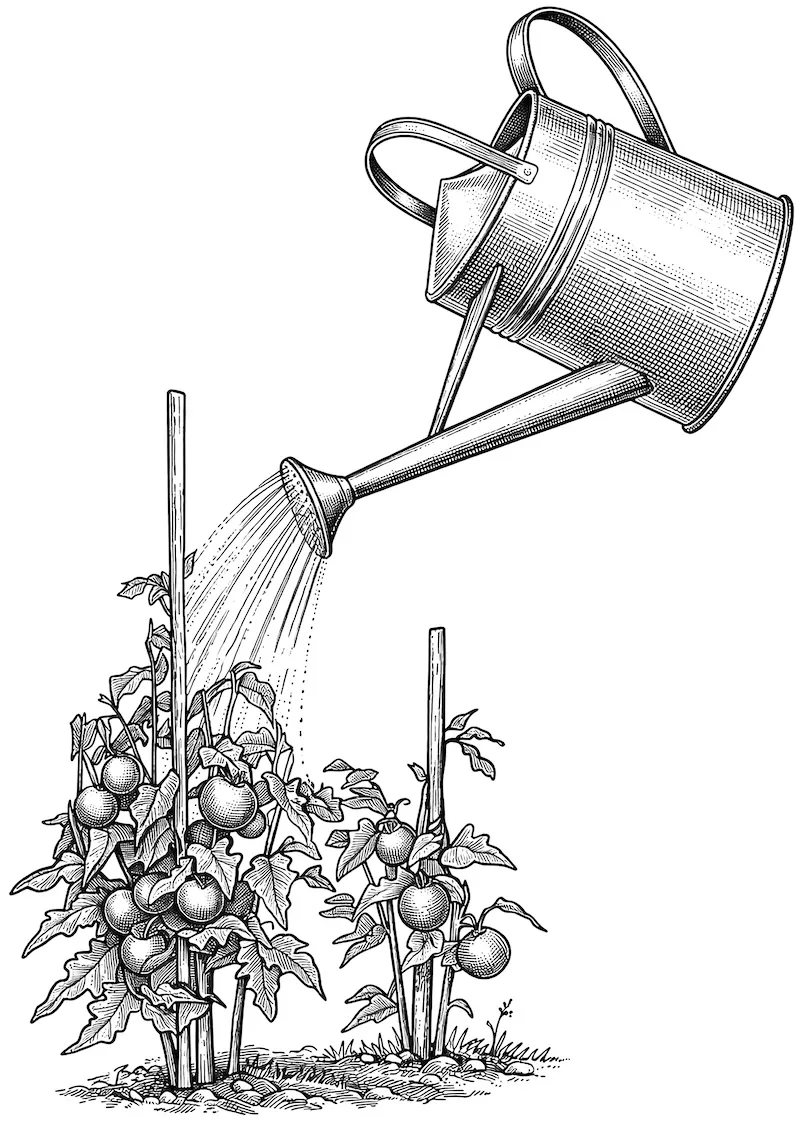 A watering can pouring water onto staked tomato plants with ripe tomatoes.