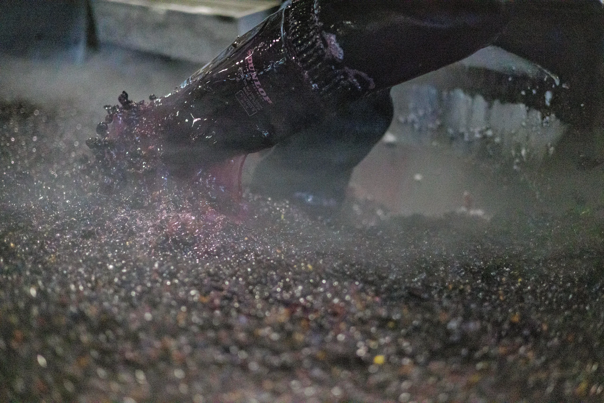 A person wearing rubber boots stomps on a pile of grapes in the traditional Williams Selyem winemaking style, releasing juice and causing mist to rise.